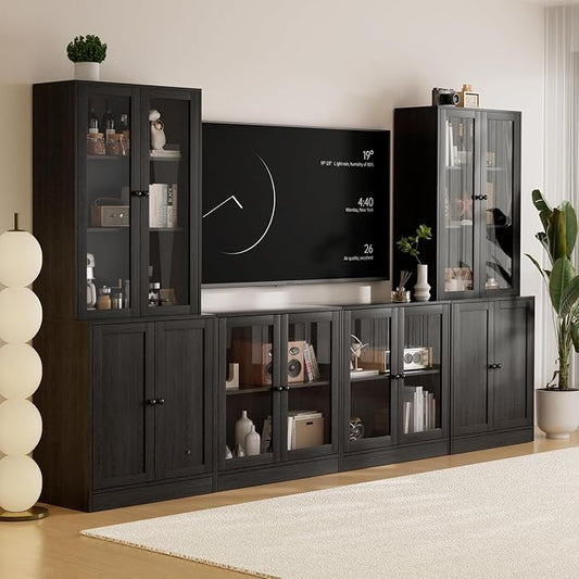 TUSY 71" TV Stand Storage Set - 2 Tall Bookcases & 2 Side Cabinets, Media Console with Glass & Wood Doors, Entertainment Center with Drawers, Tall Media Console for Living Room (Black, ADDA) by TUSY