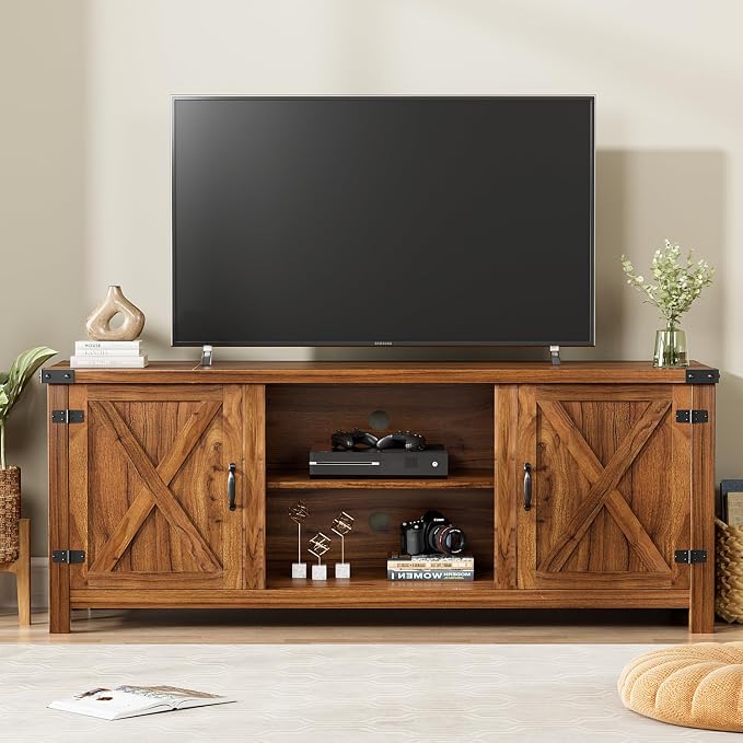 YESHOMY Modern Farmhouse TV Stand with Two Barn Doors and Storage Cabinets for Televisions up to 65+ Inch,Entertainment Center Console Table,Media Furniture for Living Room,58 Inch, Walnut,YH-TS103DWA by SearchallYESHOMY