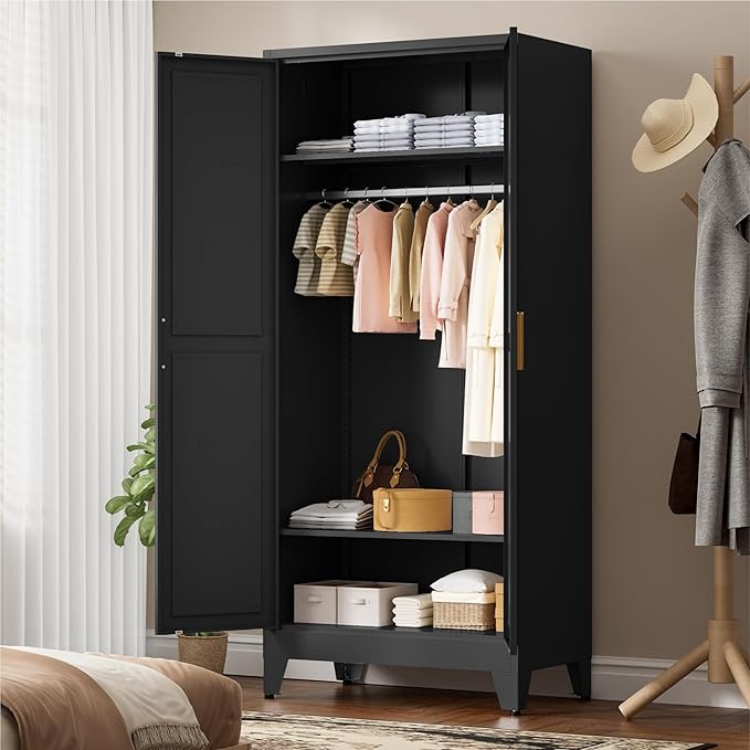 LCAOPC 71" Tall Metal Wardrobe Closet with Adjustable Shelves and Hanging Rod, 2 Doors Free Standing Armoire Wardrobe Cabinet for Bedroom, Office, Laundry Room, Black