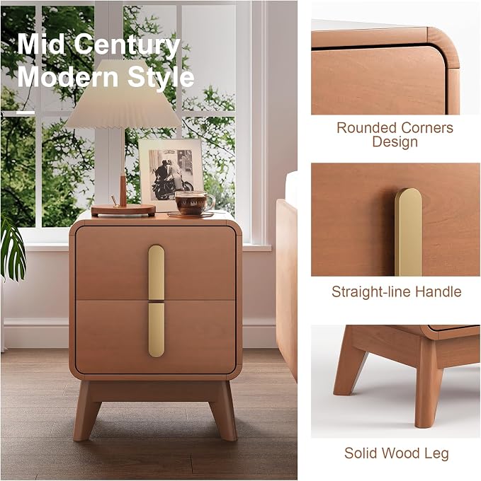 Mid Century Modern Nightstand Set of 2, Wood Bedside Table with 2 Drawers and Metal Handles, Curved Design, Night Stand Set 2 for Bedroom, Cherry - Image 3