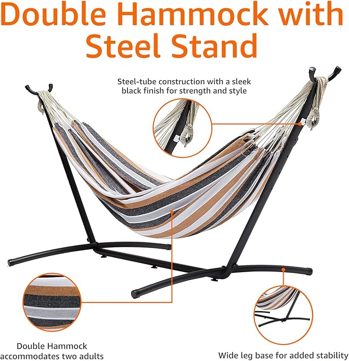 Amazon Basics Double Portable Hammock with Space Saving Steel Stand and Carrying Case, 2 Person, 470lb Capacity, Multi Color, 118" x 46" x 39" - Image 4