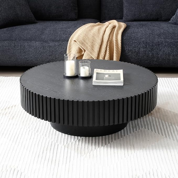 WILLIAMSPACE 39.4" Black Round Coffee Table, Modern Luxury Wood Circle Drum Center Table for Living Room, Accent Side End Table for Apartment, ø39.4'' x 13.4''H (Black)