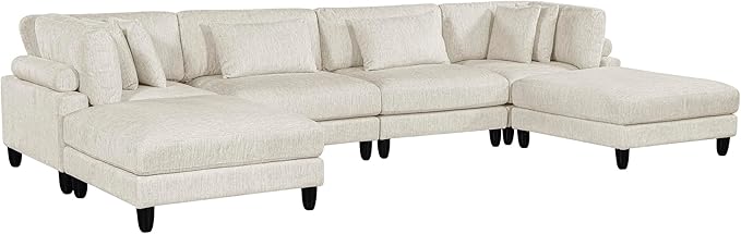 Lexicon 160 Inch Modular Sectional Sofa - Oversized 6 Seater Microfiber U Shaped Sectional Couch, 6 Accent Pillows, and Flexible Arrangement for Modern Living Rooms, Beige