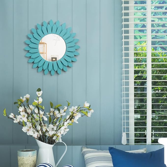 Honiway Beach Wall Decor Mirror 2 Pack 12 inch Wood Coastal Wall Decor Sunburst Boho Home Decor Room Decor for Bedroom Living Room Entryway Cyan - Image 4