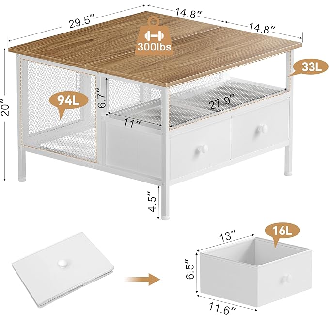 FABATO Flip Top Coffee Table, Square Coffee Table Metal Wood, Farmhouse Lift Up Coffee Tables Cocktail Table with Wire Mesh Barn Door and Storage, Steel Frame, Small Tea Table for Living Room, White