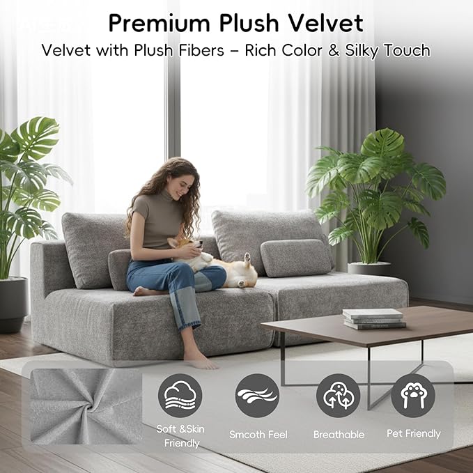 Modular Single Sofa Couch, Grey Plush Velvet No-Assembly Compressed Sofa, Deep-Seat Lounge Chair for Small Spaces Living Rooms Apartments Dorms
