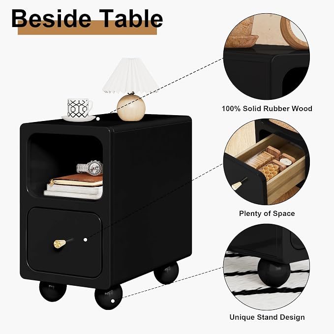 Solid Wood Nightstand, Narrow Night Stand with Drawers, Black Mid Century Modern Nightstand, Small Bedside Table with Open Storage Shelf for Bedroom (10 Inch) - Image 4