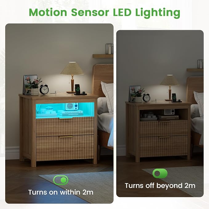WOOVIVS End Table Set of 2 with Gun Drawer - Farmhouse Night Stand Set 2 with Charging Station for Bedroom, Smart Side Table with LED Lights,Hidden Compartment Nightstands-Wood - Image 6