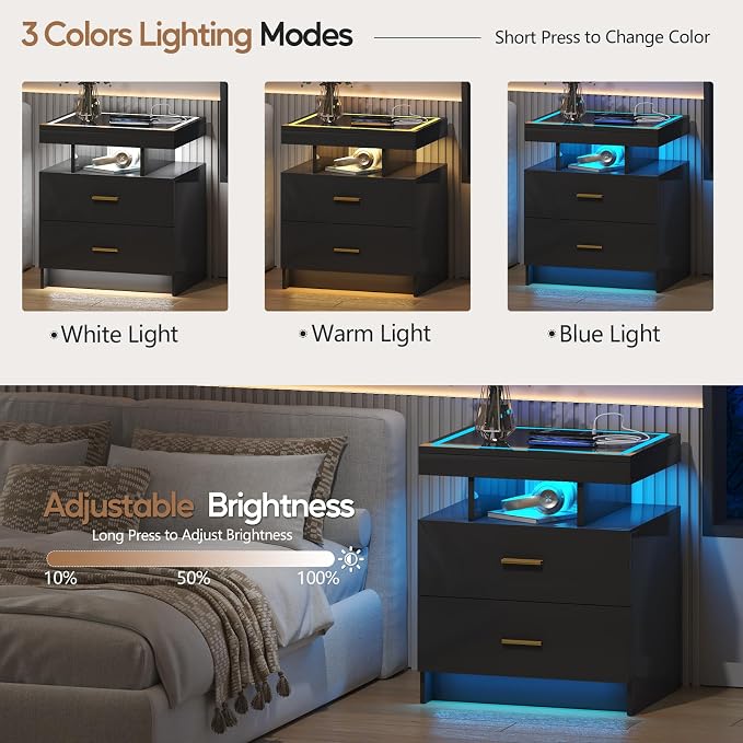 LED Nightstand Set 2 with Wireless Charging Station,Black Night Stand with 2 Drawers,Glass Top Smart Bedside Table,Modern End Table Side for Bedroom,Living Room,Office - Image 4