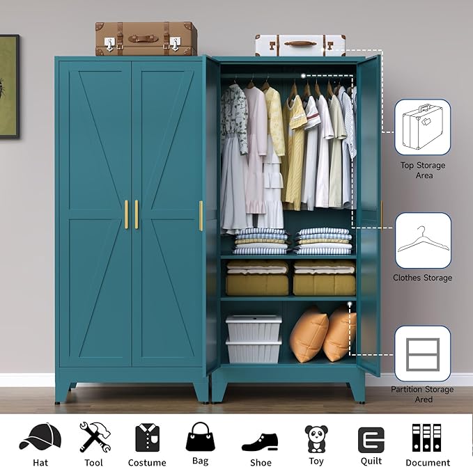 Steel Armoire Wardrobe Closet, 71" Metal Clothing Storage Cabinets with 2 Doors & 2 Adjustable Shelves, Blue Wardrobe Cabinet with Hanging Rod for Bedroom, Gym