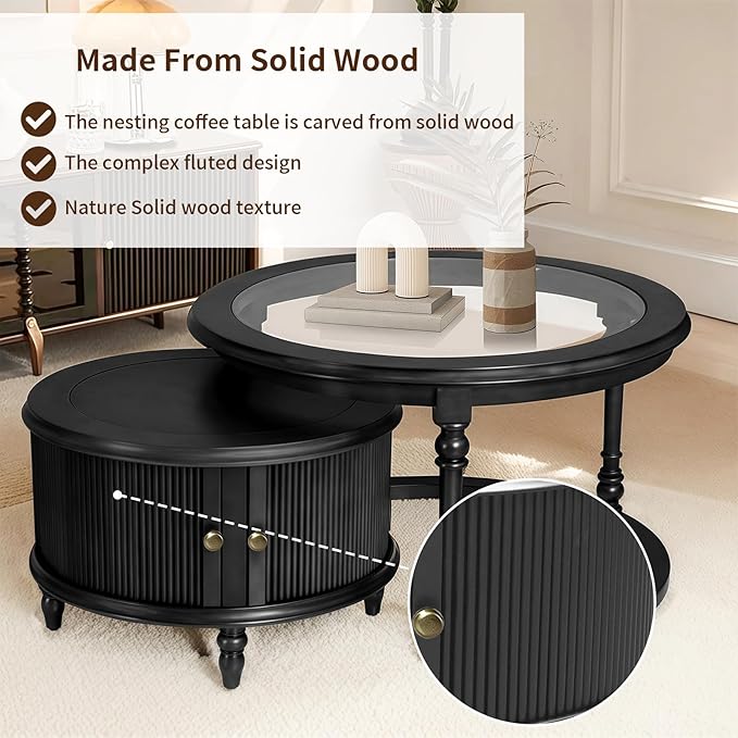 31.5'' Glass Top Round Coffee Table with Storage, Solid Wood and MDF Fluted Coffee Table Set of 2 for Living Room Office, Black
