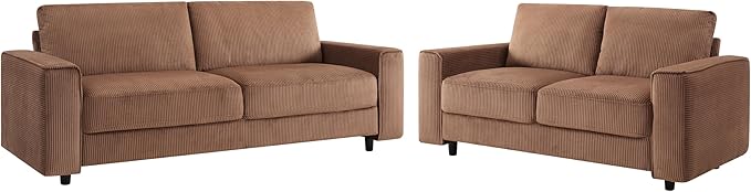 AC Pacific Derek 3 Piece Modern Corduroy Couches for Living Room, Tufted Sofas with Plush Upholstery, High-Density Foam, Sleek Black Legs, Durable Wooden Frame, Sofa, Loveseat and Chair Set, Brown