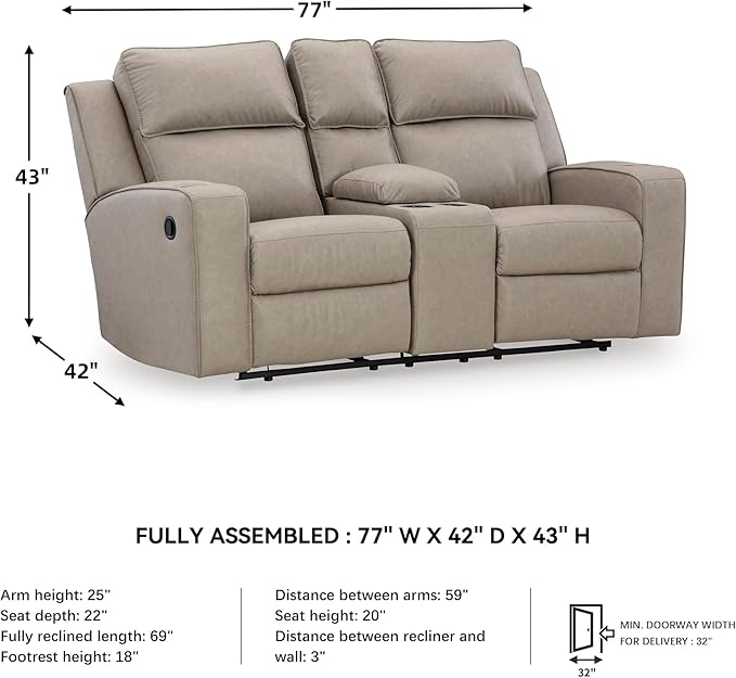 Signature Design by Ashley Lavenhorne Contemporary Faux Leather Manual Reclining Loveseat with Console and Cup Holders, Beige