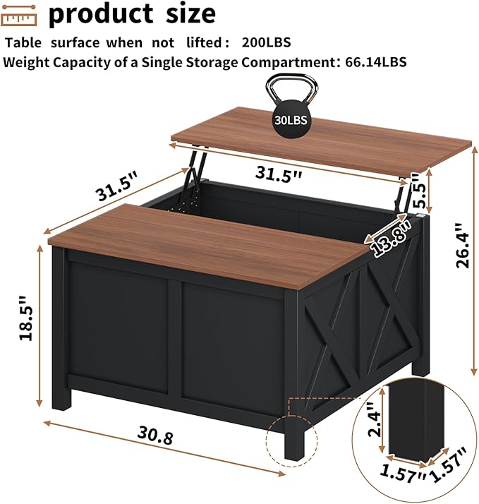 Lift Top Coffee Table with Storage, 31.5" Farmhouse Coffee Tables with Wooden Lift Tabletop and Hidden Compartment Square Center Table for Living Room, Small Space Home Office, Black