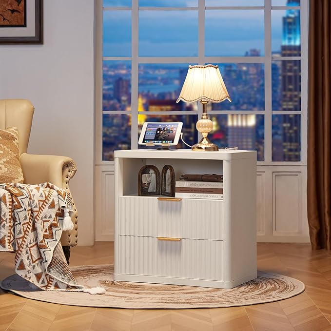LEYAOYAO 48" Wide Fluted Dresser and 2 Drawers 23" Nightstand Set of 2,Wooden Dresser & Night Stand with Charging Station, 3 Piece Bedroom Furniture Set,Chest of Drawer for Living Room,Antique White