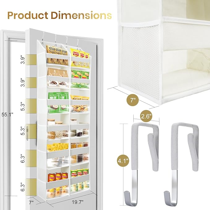 HOMELUX THEORY UPGRADED 6 Tiers Over The Door Organizer Hanging - 100D EXTRA THICK & 50lbs HUGE CAPACITY, 12 Side Mesh Pockets Over The Door Shoe Organizer, Hanging Closet Organizer (Light Gray, XL) - Image 2