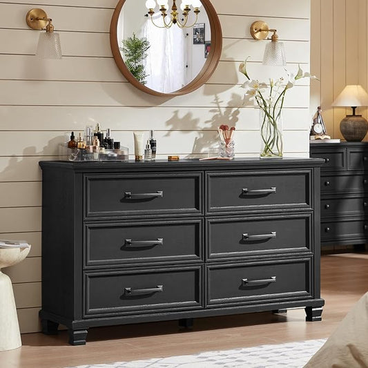 SAVOR LIFE Farmhouse Black 6 Drawer Dresser for Bedroom, 54 inch Wide Vintage Large Chest of Drawers with Square Wood Legs, Rustic TV Console for Living Room, Wooden Storage Closet Dressers for Home by SAVORLIFEFurniture
