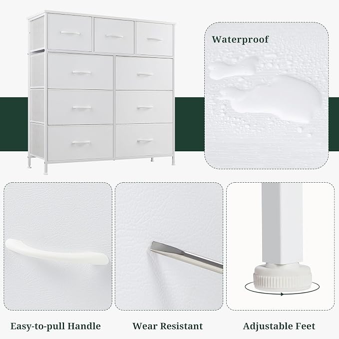 9-Drawer Dresser for Bedroom, Anti-Tip Tall Storage Organizer Chest of Drawers with Wooden Top and Metal Frame Fabric Bins for Closet, Living Room, Hallway, Entryway, White - Image 7