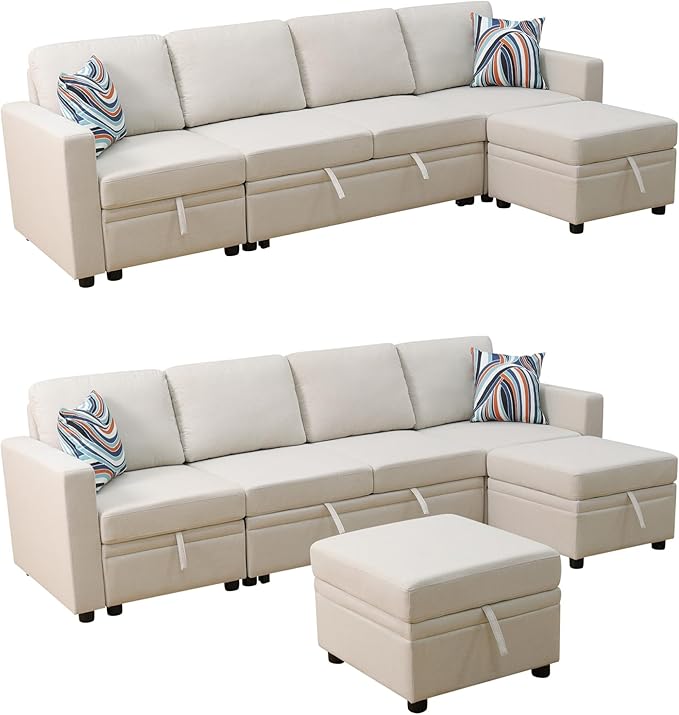 102 Inch Pull Out Couch, Convertible Sofa Bed for Living Room, Comfortable Sleeper Sofa with Pull Out Bed, Modern Sectional Couches with Ottoman Storage, Easy Assembly for Apartment, Off-White