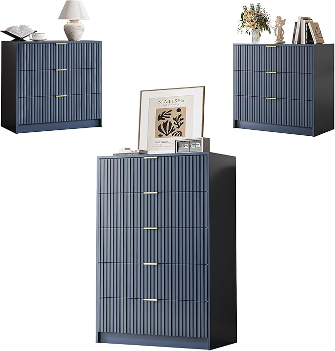 MAISONARIA 3-Piece Dresser Bedroom Set, 5 Drawer Dresser & 3 Drawer Nightstands with Gold Handles, Fluted Wood Chest of Drawers for Bedroom, Living Room, Entryway, Navy Blue