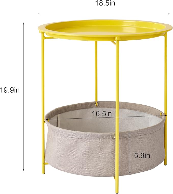 VECELO Round Side/End Table with Fabric Storage Basket，Metal Anti-Rust and Waterproof Small Bedside Nightstand with Removable Tray Top for Living Room，Balcony & Laundry，Yellow /1pcs with Basket - Image 3