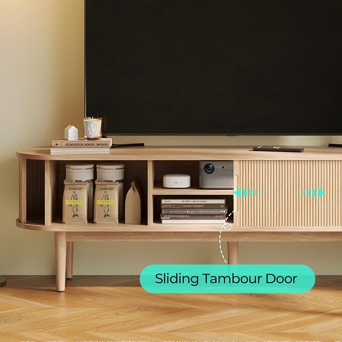 LINSY HOME Fluted TV Stand for 75" TV, Mid-Century Modern 70" Entertainment Center with Sliding Tambour Door and Storage Cabinet, Cruved TV Media Console Table for Living Room, Bedroom, Oak - Image 3