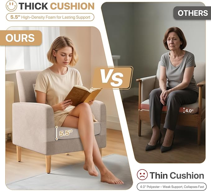 Magshion Mid-Century Accent Chair for Bedroom, Comfy Reading Chair for Living Room, Upholstered Linen Fabric Armchair Single Sofa with Back Pillow & Wood Legs, 300 lbs Capacity, Beige