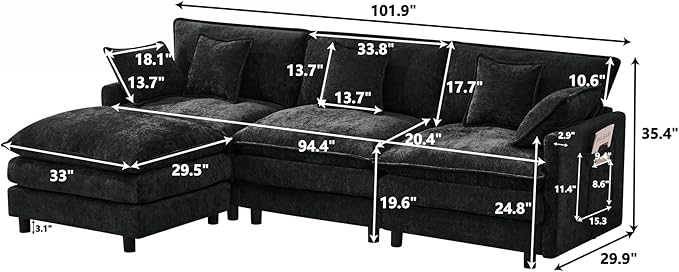 102" Modular Sectional Sofa, Premium Chenille Cloud Couch with Reversible Ottoman, L-Shaped Oversized Sofa with Side Storage Pockets for Multi-Scene Living Room & Home Office