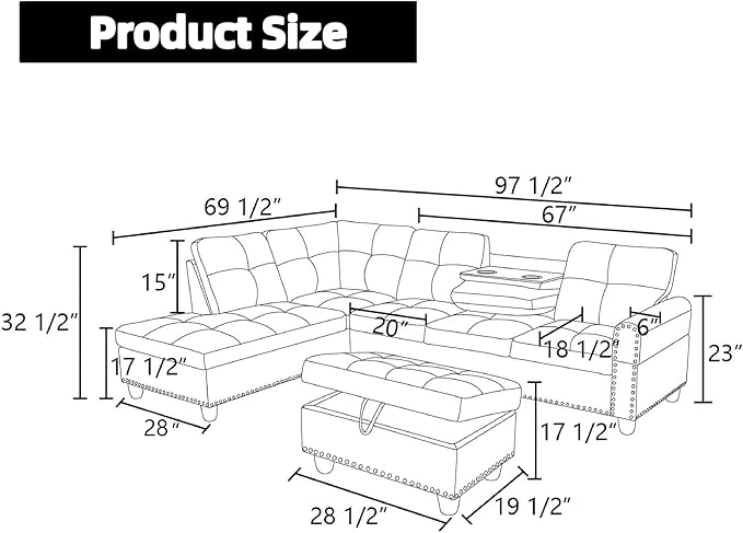Sectional Couches for Living Room Furniture, 4 Seat L Shaped Couches with Ottoman, Modular Sectional Sofa for Apartment Furniture Sets, Grey