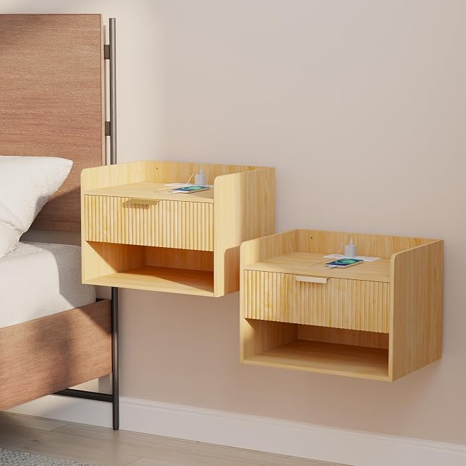 Arbuxzuy Floating Nightstand Set of 2 with Charging Station, Modern Wall Mounted Bedside Table with Drawer & Open Shelf, Made of Minimalist Wood for Bedroom (Light Brown) by Arbuxzuy