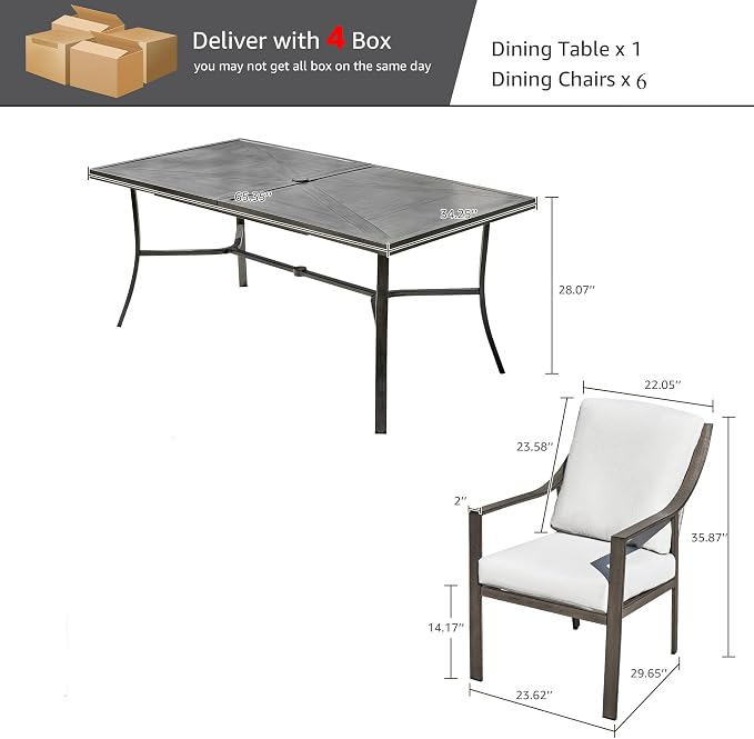 NATURAL EXPRESSIONS 7 Piece Patio Dining Table Outdoor Furniture Set for 6, 6Pcs Fixed Dining Chairs with Olefin Cushions, 65”Large Dining Table with Umbrella Hole - Image 7