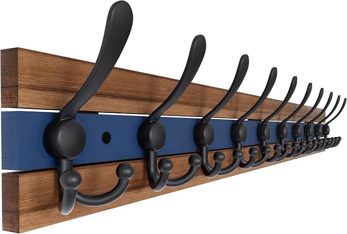 SKOLOO Rustic Wall Mounted Coat Rack - 38-1/8" Long Coat Hooks for Wall with 10 Triple Hooks for Hanging Coats, Hats or Tools, Western National Parks Collection, Wood Brown & Blue by SKOLOO