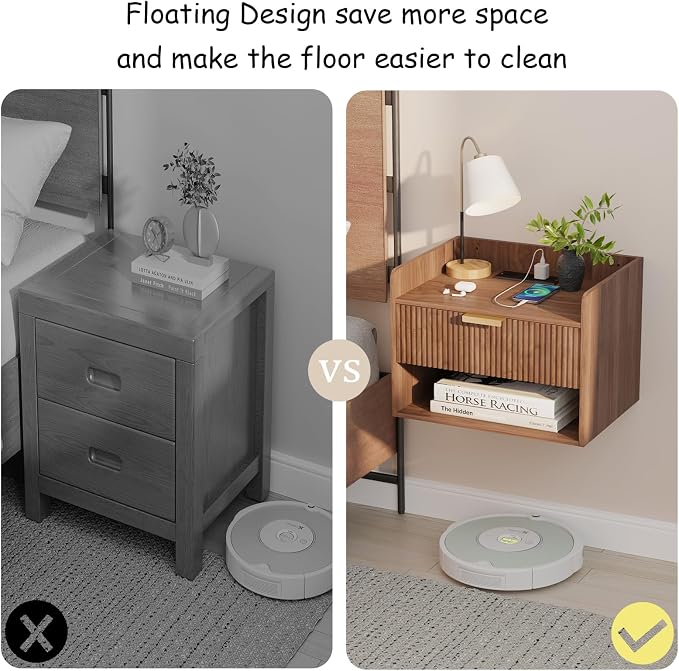 Arbuxzuy Floating Nightstand Set of 2 with Charging Station, Modern Wall Mounted Bedside Table with Drawer & Open Shelf, Minimalist Wooden Night Stand for Bedroom (Walnut Brown) - Image 4