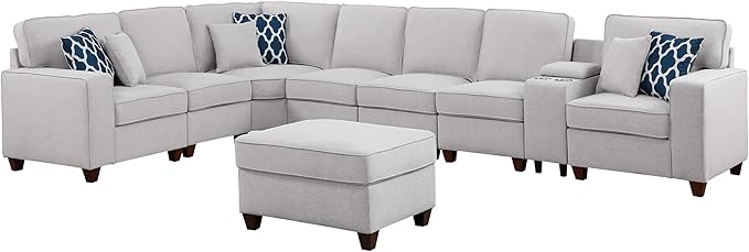 ERYE 151-Inch U-Shaped Sectional Sofa Linen Upholstered Corner Convertible Sectional,9 PCS Modular Couch with Ottoman,Storage Console, Cupholders and Charging Station