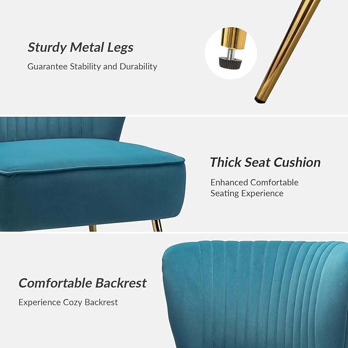 HULALA Home Velvet Accent Chair Set of 2, Modern Armless Upholstered Side Chair with Glam Gold Metal Legs for Vanity Living Room Bedroom - Blue