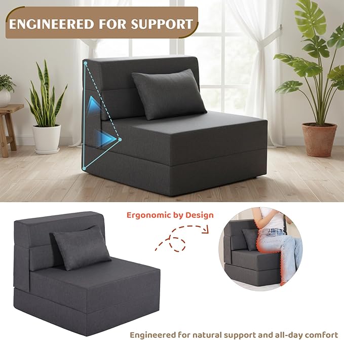 Folding Sofa Bed, Foldable Sleeper Chair with Pillow, Convertible Fold Out Chair Bed with Washable Cover, Foldable Mattress for Living Room, Bedroom, Guest Room, Single Size, Dark Grey