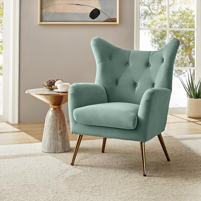 HULALA HOME Velvet Accent Chair, Modern Wingback Arm Chair with Metal Gold Legs, Velvet Tufted Upholstered for Living Room Bedroom, Dining Room(SAGE)