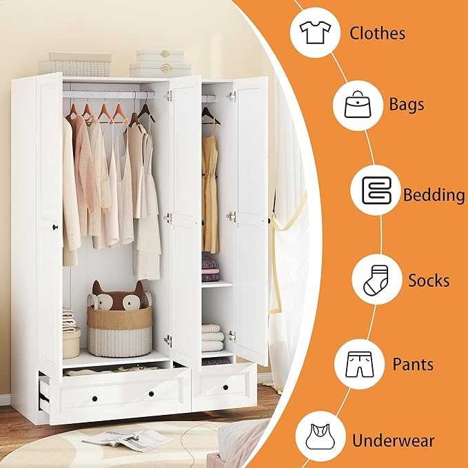 Armoire Wardrobe Closet with Drawers: 74" White Wardrobe Closet with 3 Doors, Bedroom Armoires with 2 Drawers, Wood Closets Cabinet for Hanging Clothes (White, 47")