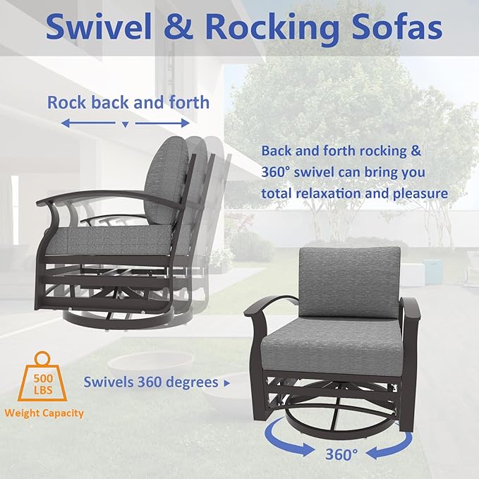 ALAULM Aluminum Patio Furniture Set with 2 Swivel Chairs 9-seat Metal Outdoor Furniture Patio Sectional Sofas Patio Conversation Set w/2 Ottomans for Patio, Backyard, Poolside-Grey