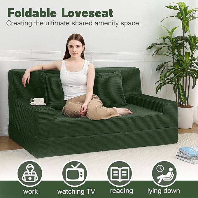 MeMoreCool Boneless Loveseat Sofa Bed – Dark Green Corduroy Convertible Futon Couch, Foldable Floor Sleeper with Foam & Pillow, Washable Cover for Bedroom, Apartment, Small Living Room