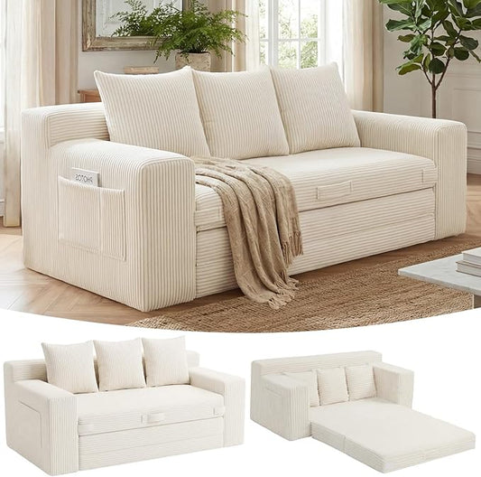 Boneless Couch Sleeper Sofa Bed: 3-in-1 Convertible Sofa Bed with Side Pockets & Handle,Pull Out Couch with 3 Pillows,Folding Futon for Small Space,Living Room & Bedroom