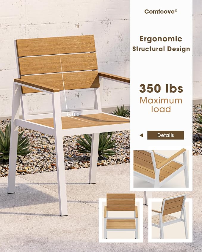 Outdoor Dining Table, Aluminum Patio HDPS Outdooor Table with Umbrella Hole, All Weather Patio Furniture Set, Patio Dining Table (White & Teak) - Image 5