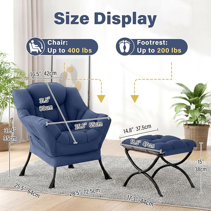 Lazy Chair and Ottoman, Peach Blue Large Accent Chair with Side Pocket, Modern Leisure Upholstered Sofa Reading Armchair with Footrest for Office, Bedroom, Living Room, Dorm Rooms, Balcony