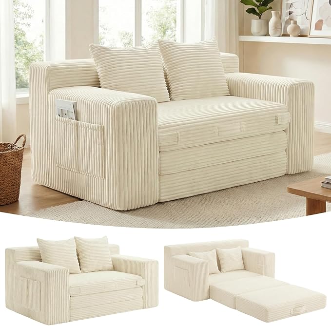 Boneless Loveseat Sleeper Sofa Bed: 3-in-1 Convertible Sofa Bed with Side Pockets & Handle,Pull Out Couch with 2 Pillows,Folding Futon for Small Space,Living Room & Bedroom,Corduroy Fabric,No Assembly