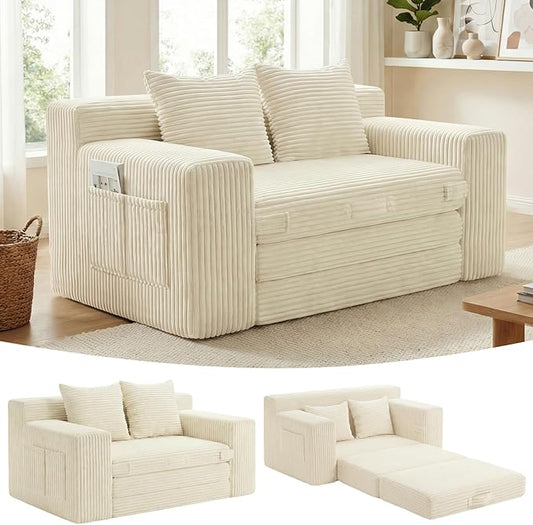 Boneless Loveseat Sleeper Sofa Bed: 3-in-1 Convertible Sofa Bed with Side Pockets & Handle,Pull Out Couch with 2 Pillows,Folding Futon for Small Space,Living Room & Bedroom,Corduroy Fabric,No Assembly