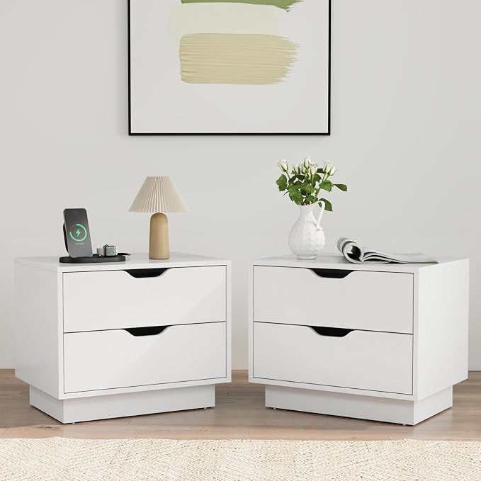 Modern Nightstand Set of 2 with Charging Station, Night Stand Wood Bedside Tables with 2 Storage Drawers, End Table for Bedroom, Office, Sofa, White by Owipaw