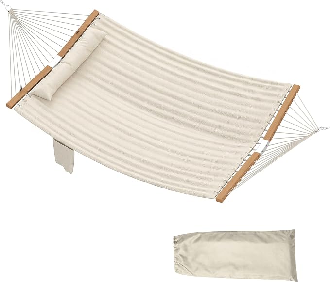 Outsunny Outdoor Hammock, 2-Person Hammock with Head Pillow and Pad, Wood Spreader Bars, 440 lbs Capacity, for Patio Yard Garden, 128" x 55", Cream White by Outsunny