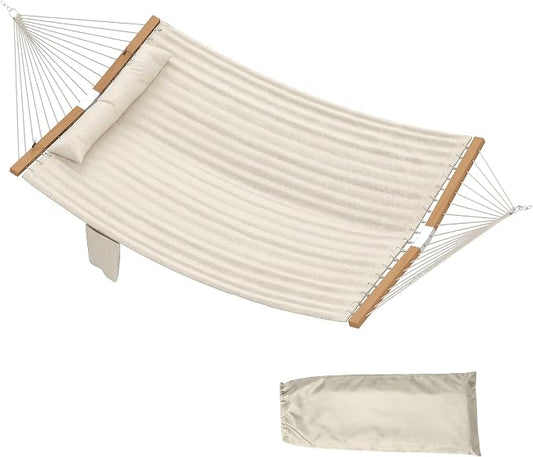 Outsunny Outdoor Hammock, 2-Person Hammock with Head Pillow and Pad, Wood Spreader Bars, 440 lbs Capacity, for Patio Yard Garden, 128" x 55", Cream White by Outsunny