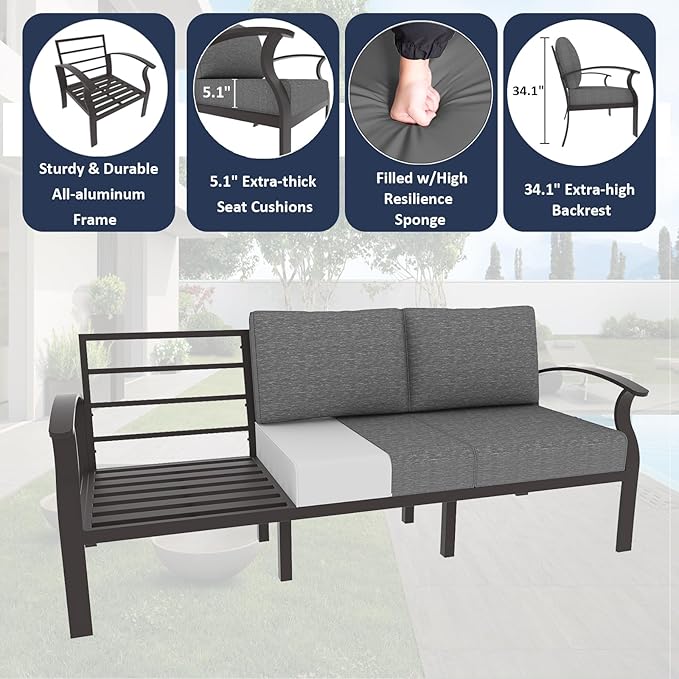 ALAULM Aluminum Patio Furniture Set with 2 Swivel Chairs 9-seat Metal Outdoor Furniture Patio Sectional Sofas Patio Conversation Set w/2 Ottomans for Patio, Backyard, Poolside-Grey