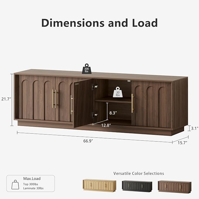 FORTUNETEC TV Stand for 75 Inch TV, Mid Century Modern TV Stand with Arched Design, Wood Grain Finish, Media Console with Adjustable Shelves, 67" Entertainment Center for Living Room Bedroom, Walnut - Image 2
